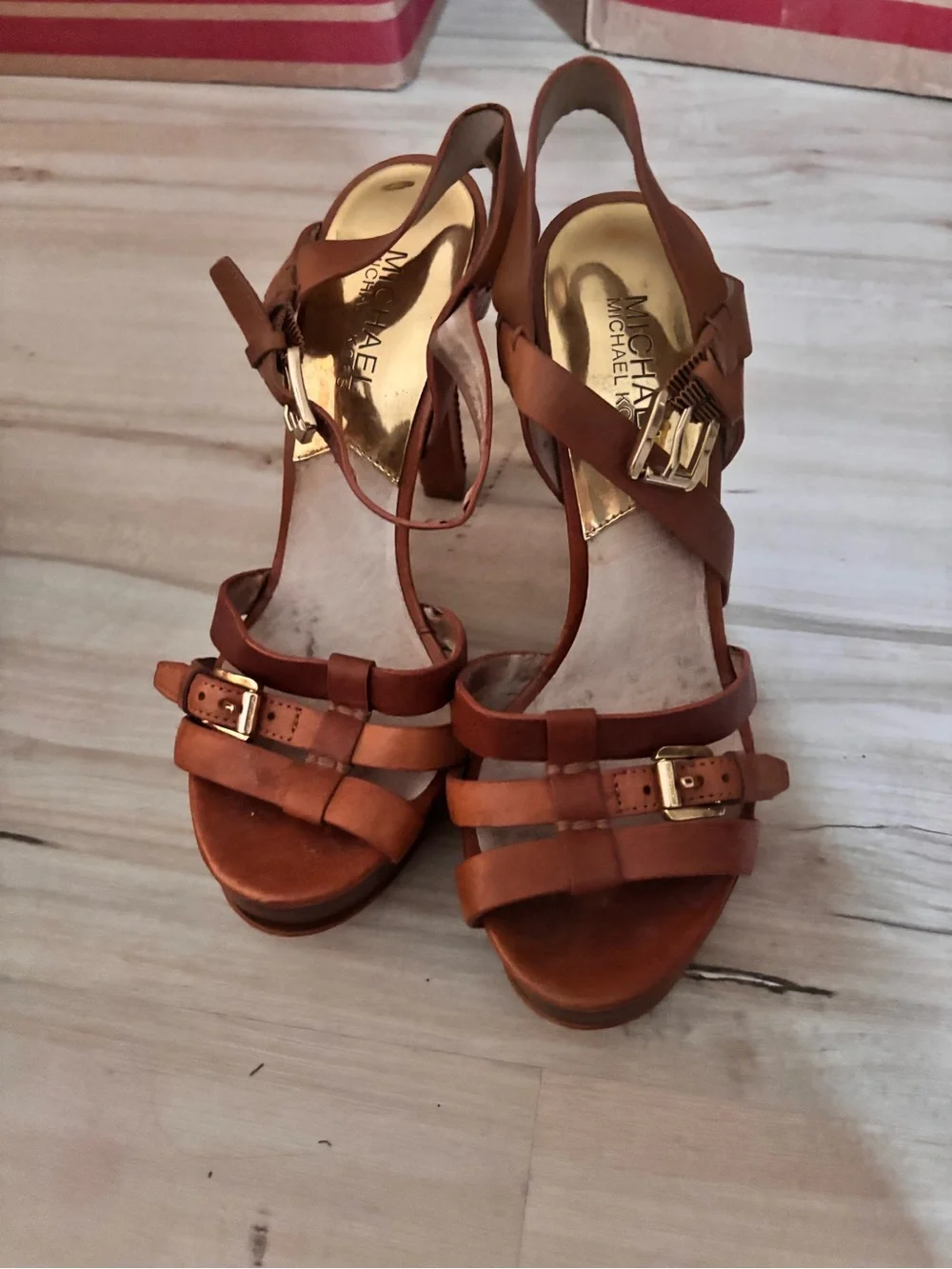 Michael Kors Tan Leather Strappy Wedge Sandals with Gold Buckles
